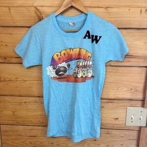 Vintage‎ Baby Tee Light Blue Women’s Size Small Bowling Graphic Retro 1990’s Fun